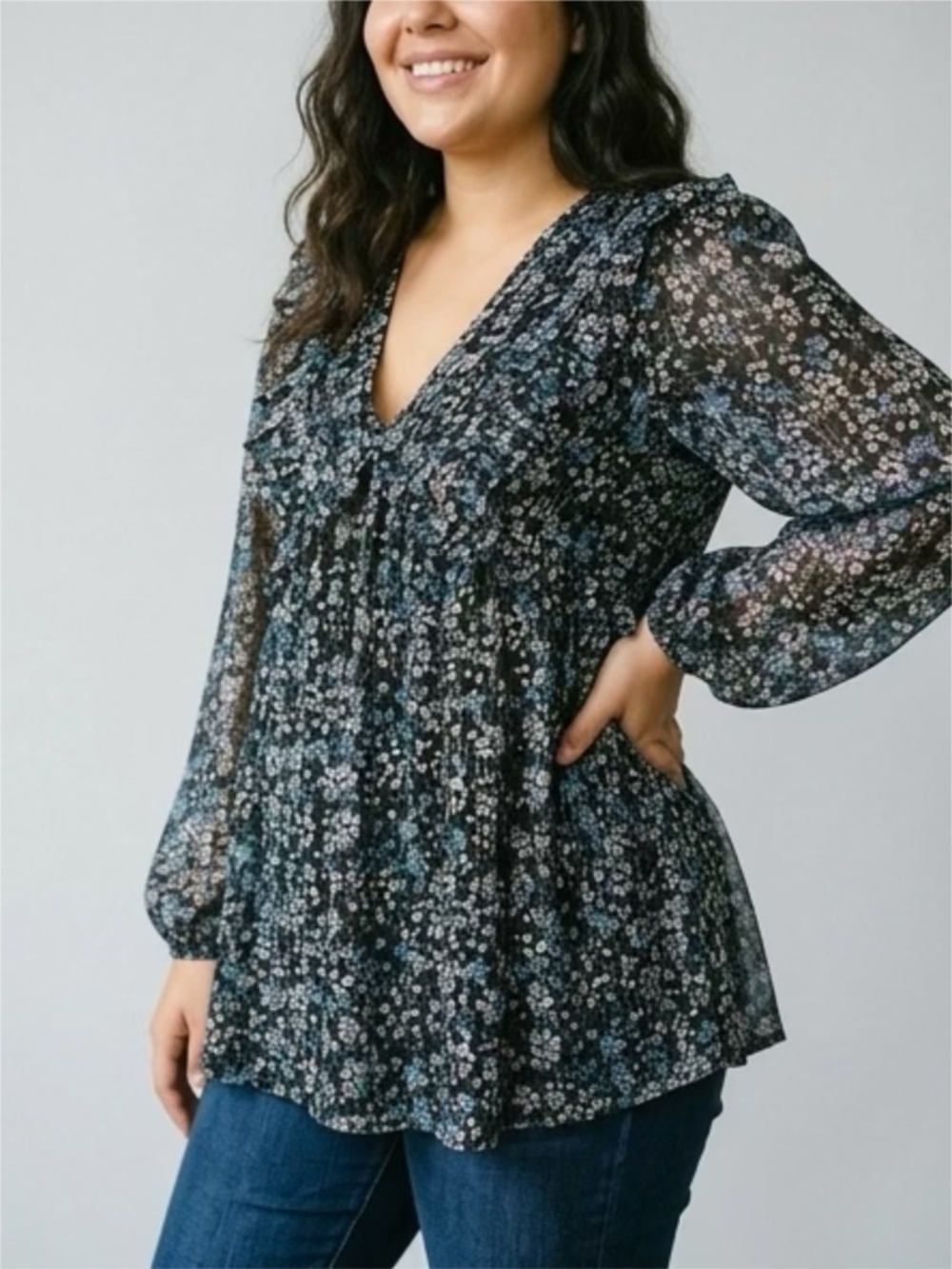 Blue Rain Long Blouse or Short Dress Blue And Black Flowered Pattern